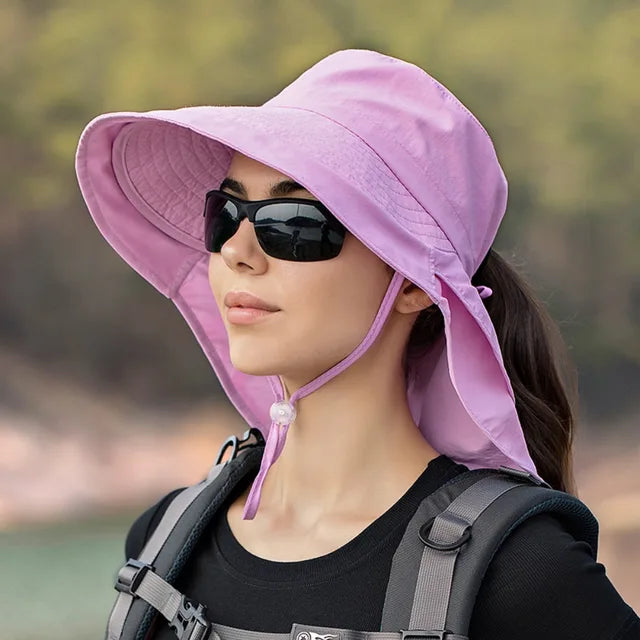 Wide Brim Sun Hat with Neck Flap and Chin Strap