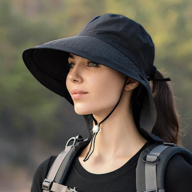 Wide Brim Sun Hat with Neck Flap and Chin Strap