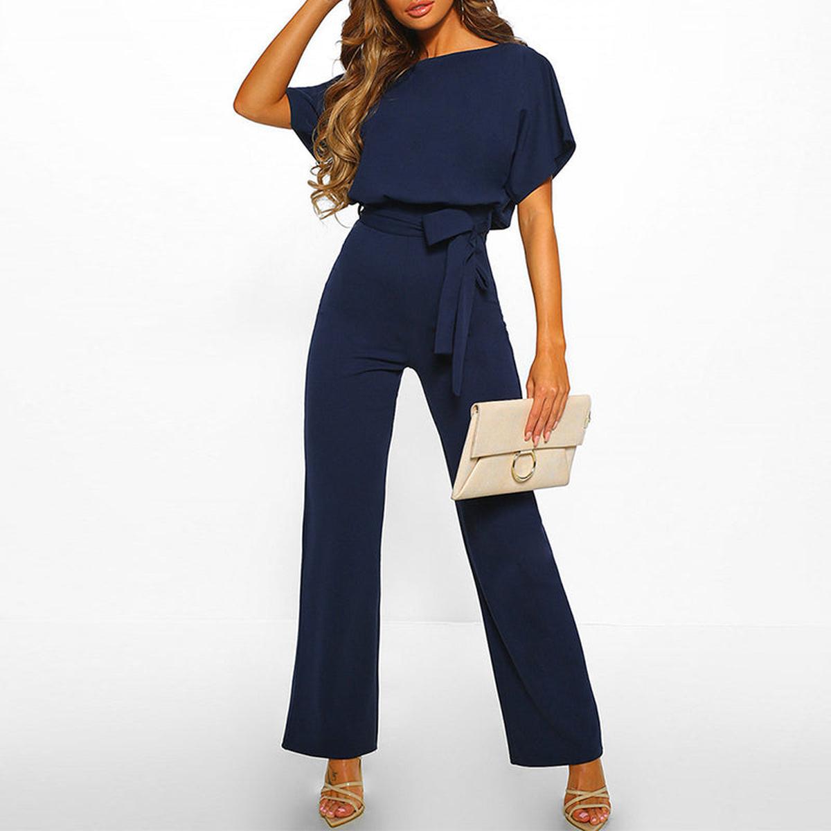 Wide Leg Jumpsuit with Batwing Sleeves and Keyhole Back Detail