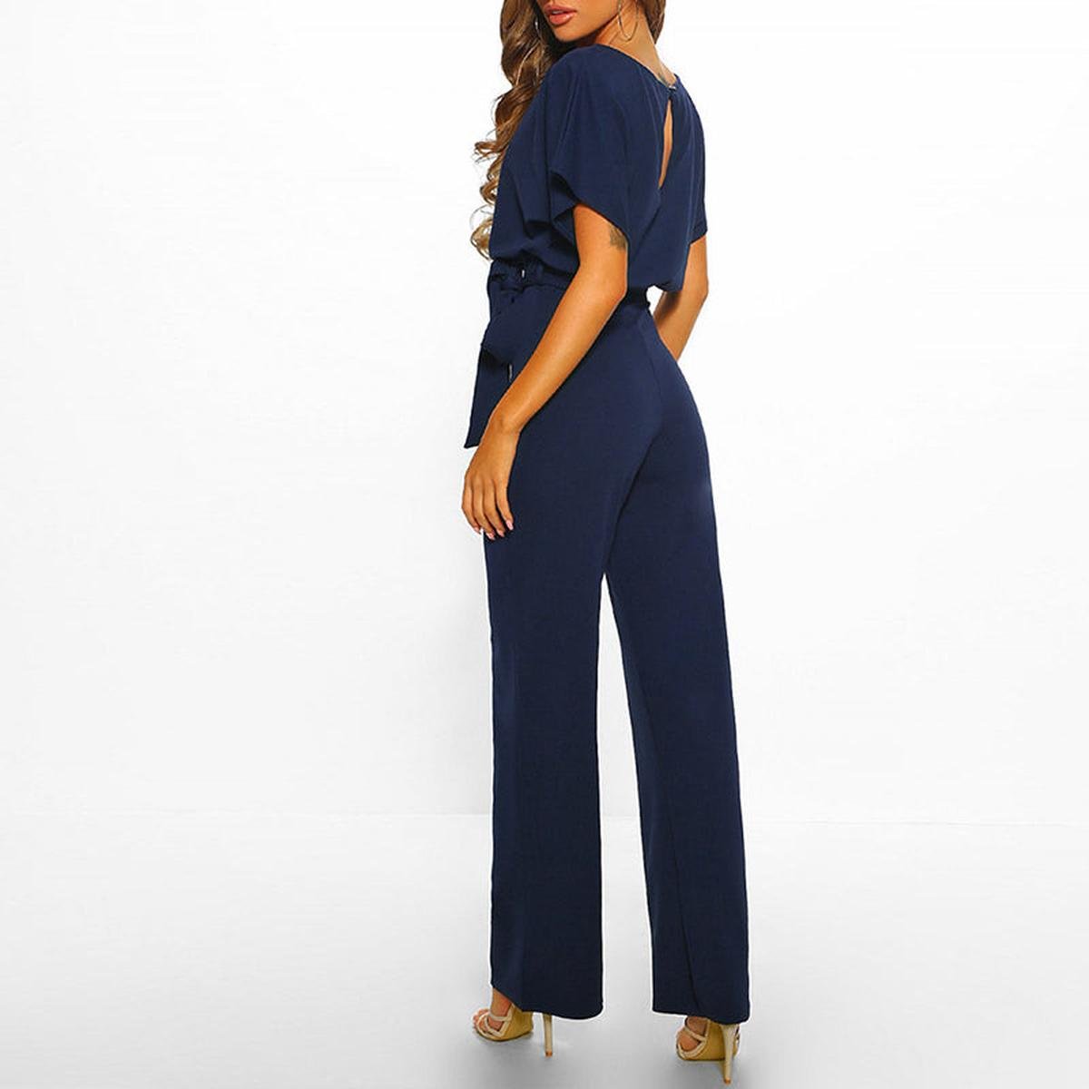 Wide Leg Jumpsuit with Batwing Sleeves and Keyhole Back Detail