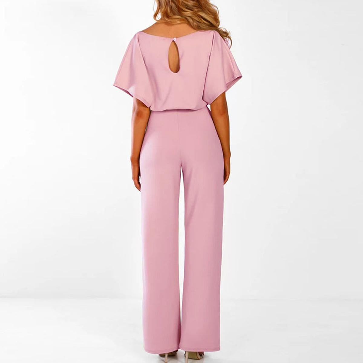 Wide Leg Jumpsuit with Batwing Sleeves and Keyhole Back Detail