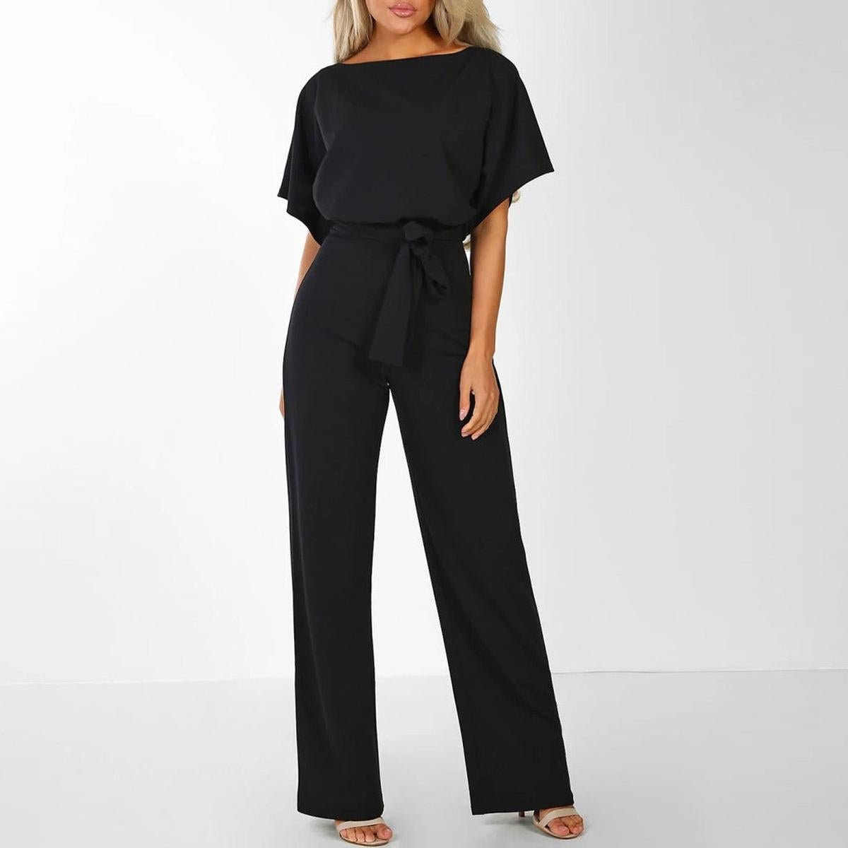 Wide Leg Jumpsuit with Batwing Sleeves and Keyhole Back Detail