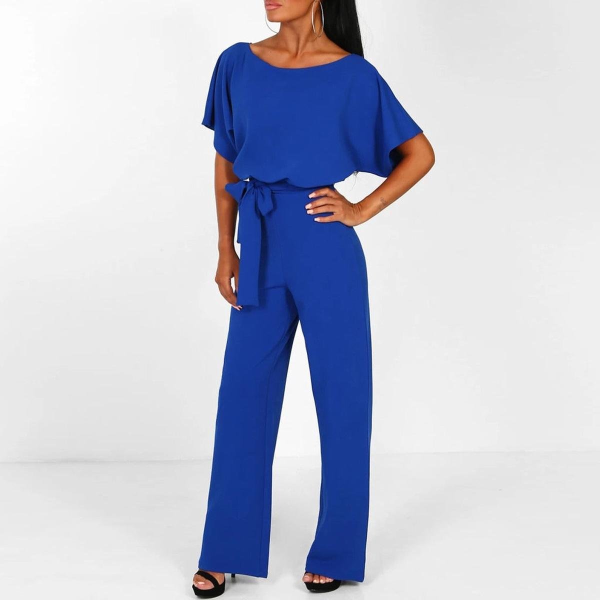 Wide Leg Jumpsuit with Batwing Sleeves and Keyhole Back Detail