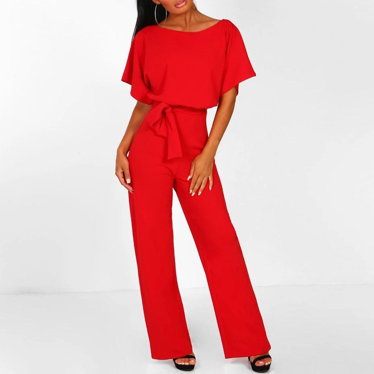 Wide Leg Jumpsuit with Batwing Sleeves and Keyhole Back Detail