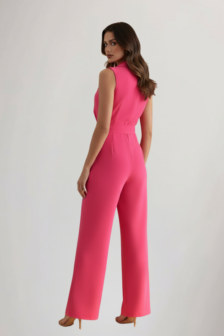 Wide Leg Jumpsuit with Blazer Collar and Tie Waist