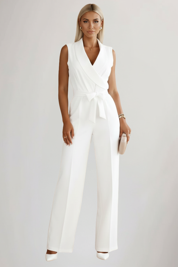 Wide Leg Jumpsuit with Blazer Collar and Tie Waist
