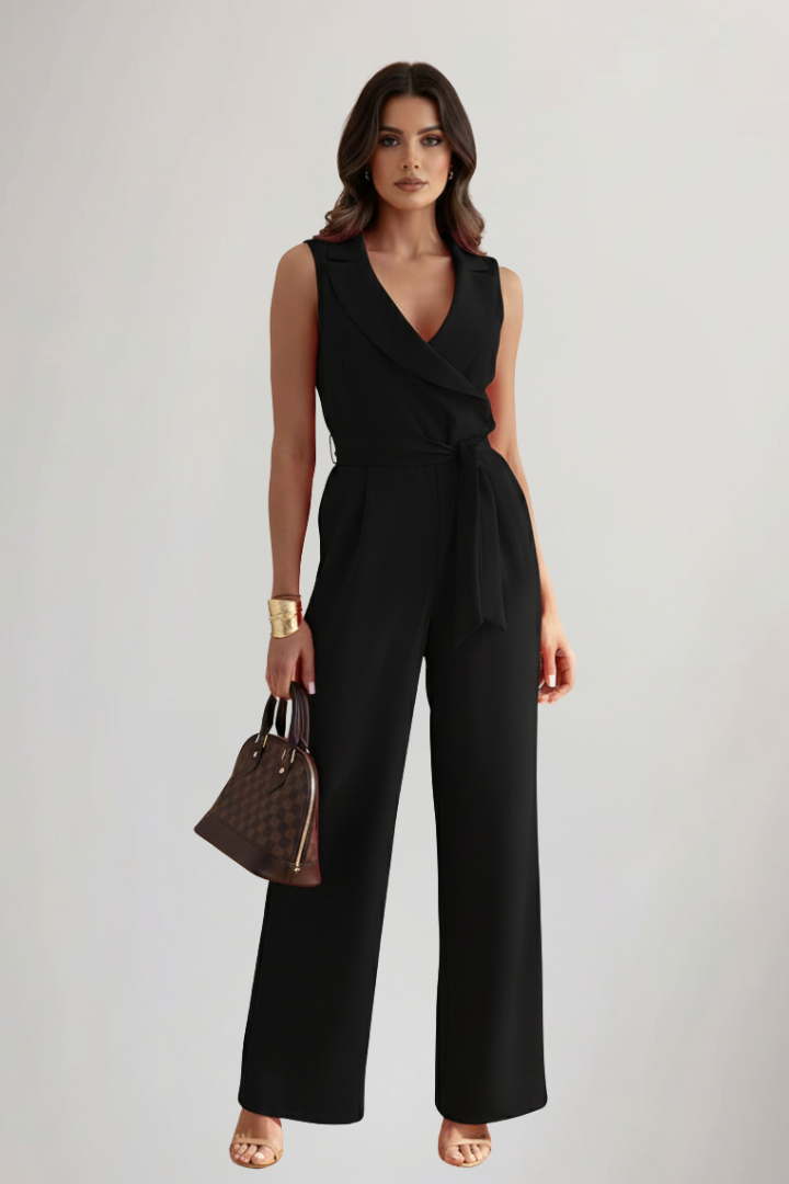 Wide Leg Jumpsuit with Blazer Collar and Tie Waist