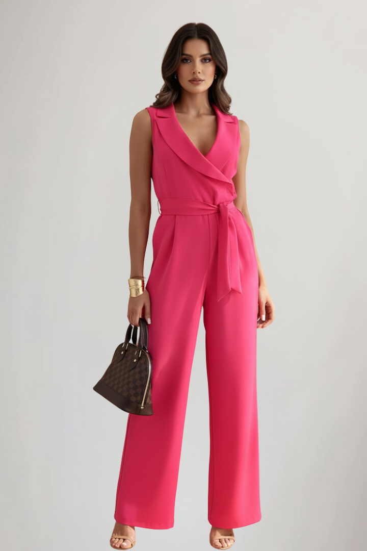 Wide Leg Jumpsuit with Blazer Collar and Tie Waist
