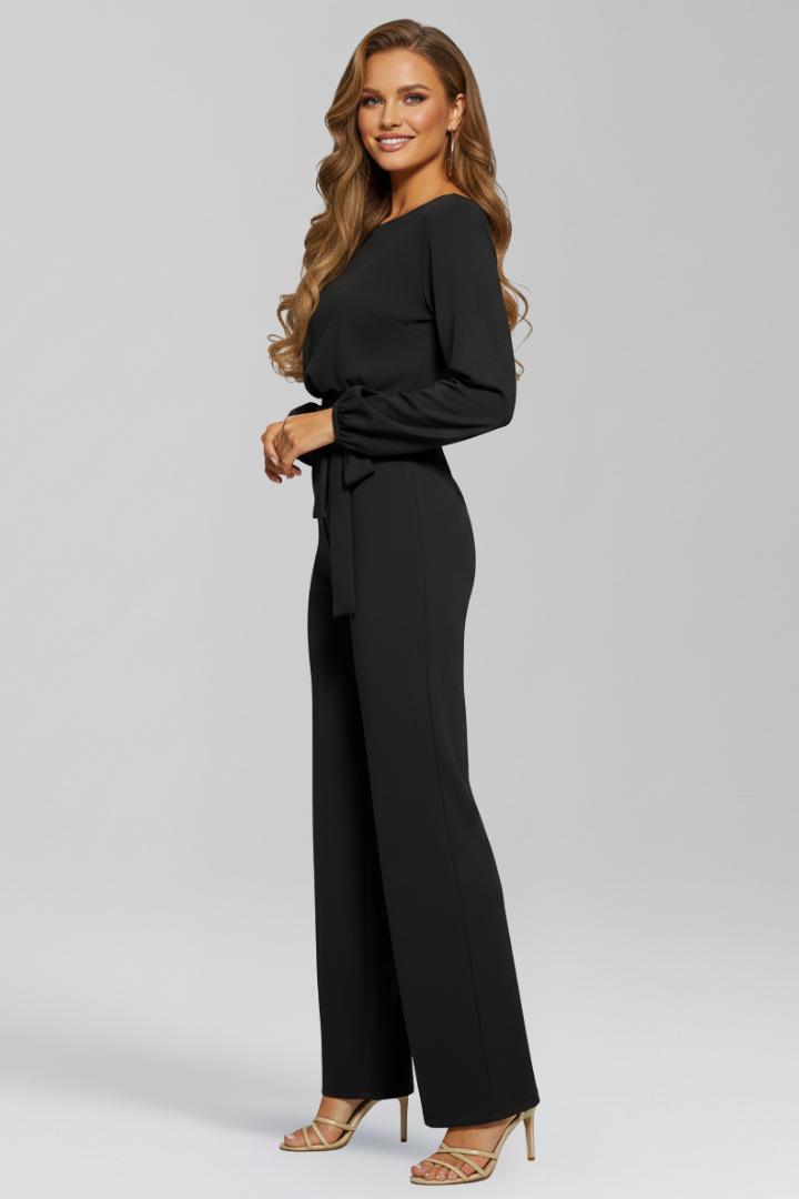 Wide Leg Jumpsuit with Blouson Sleeves and Tie Waist