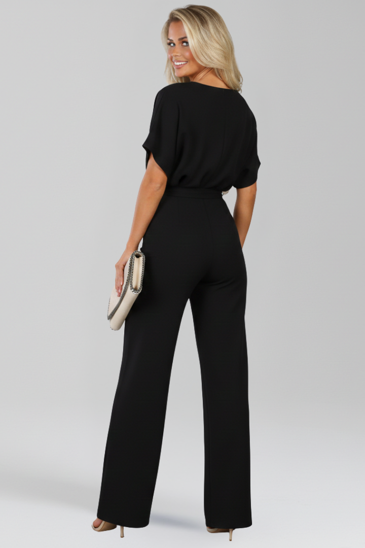 Wide Leg Jumpsuit with Boat Neck and Tie Waist