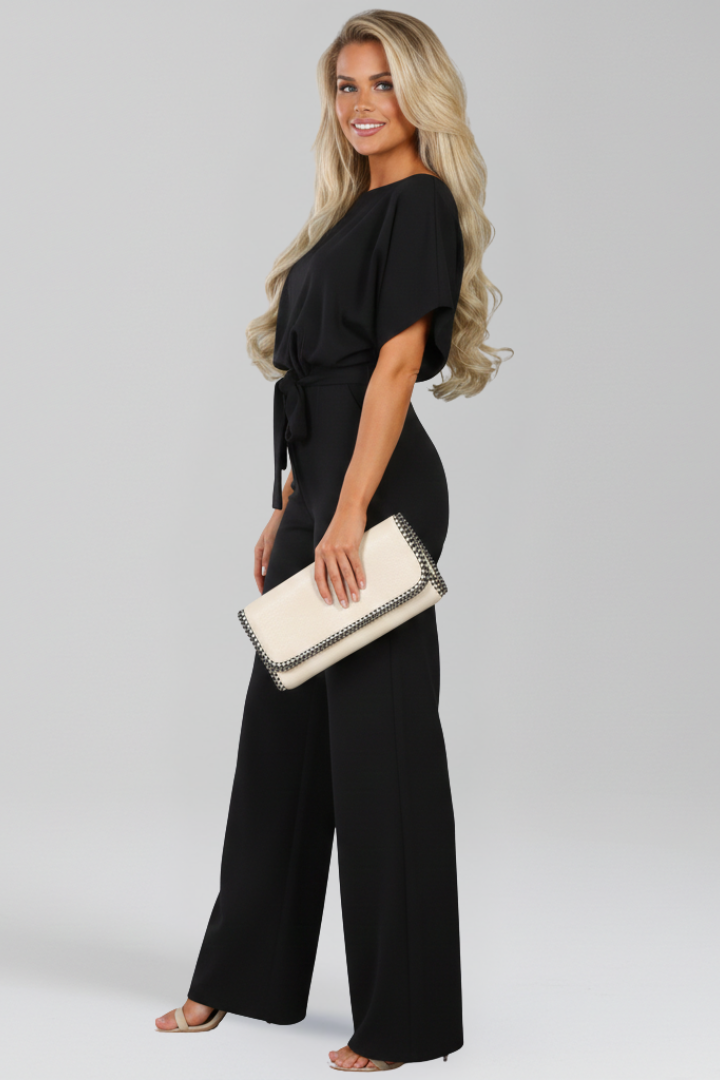 Wide Leg Jumpsuit with Boat Neck and Tie Waist