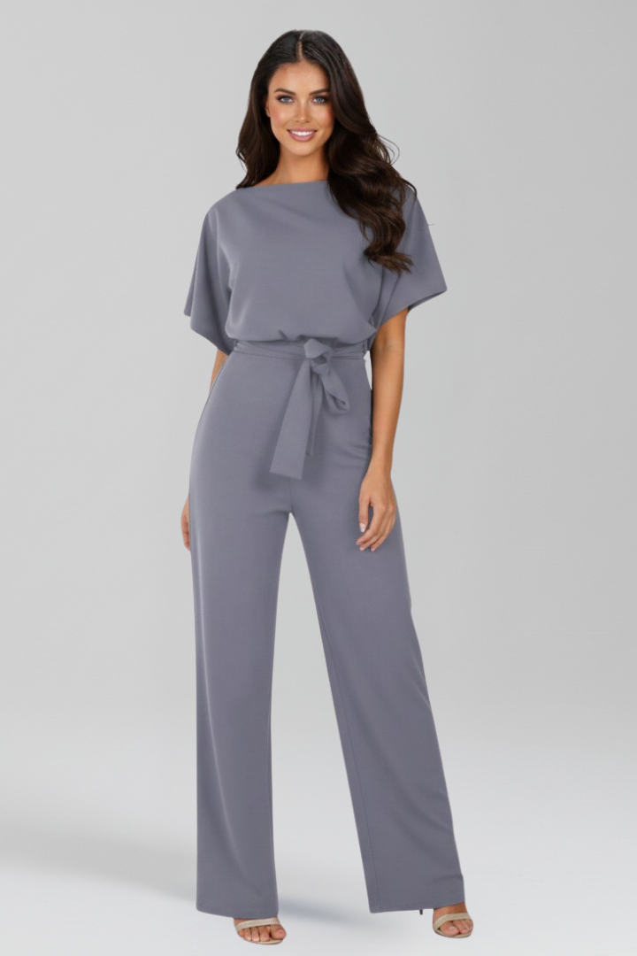 Wide Leg Jumpsuit with Boat Neck and Tie Waist