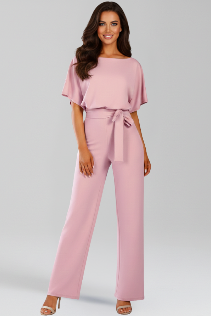 Wide Leg Jumpsuit with Boat Neck and Tie Waist