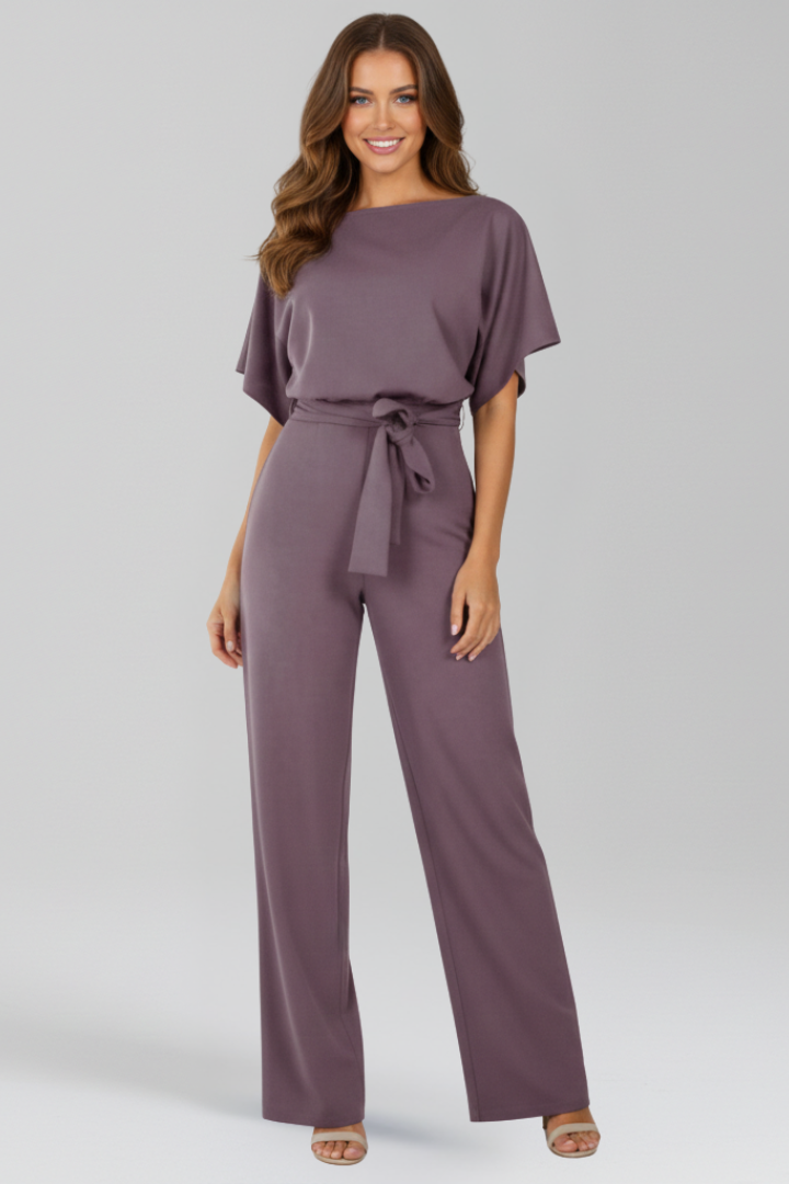 Wide Leg Jumpsuit with Boat Neck and Tie Waist