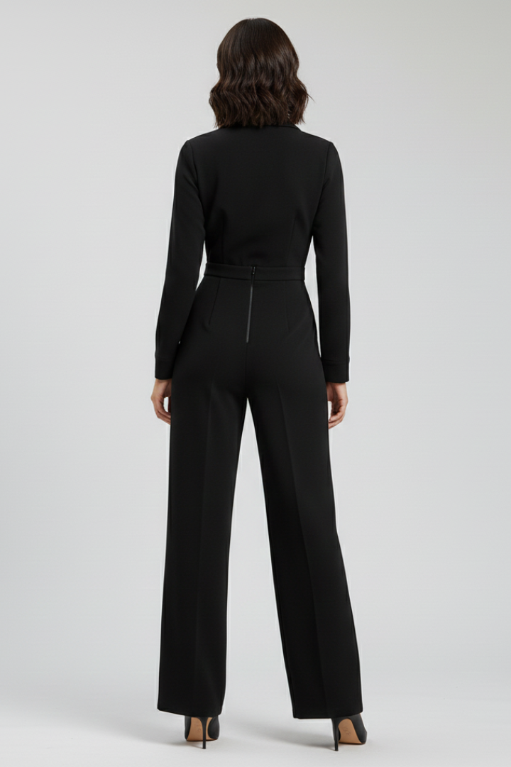 Wide Leg Jumpsuit with Shirt Collar and Wrap Front Bodice
