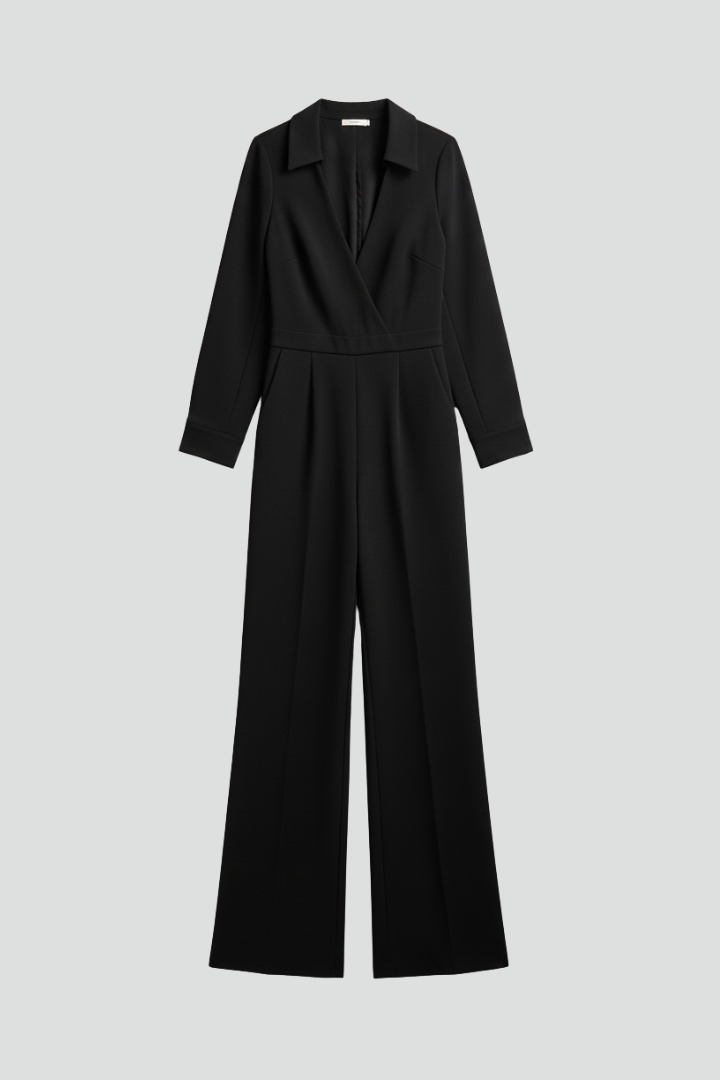 Wide Leg Jumpsuit with Shirt Collar and Wrap Front Bodice