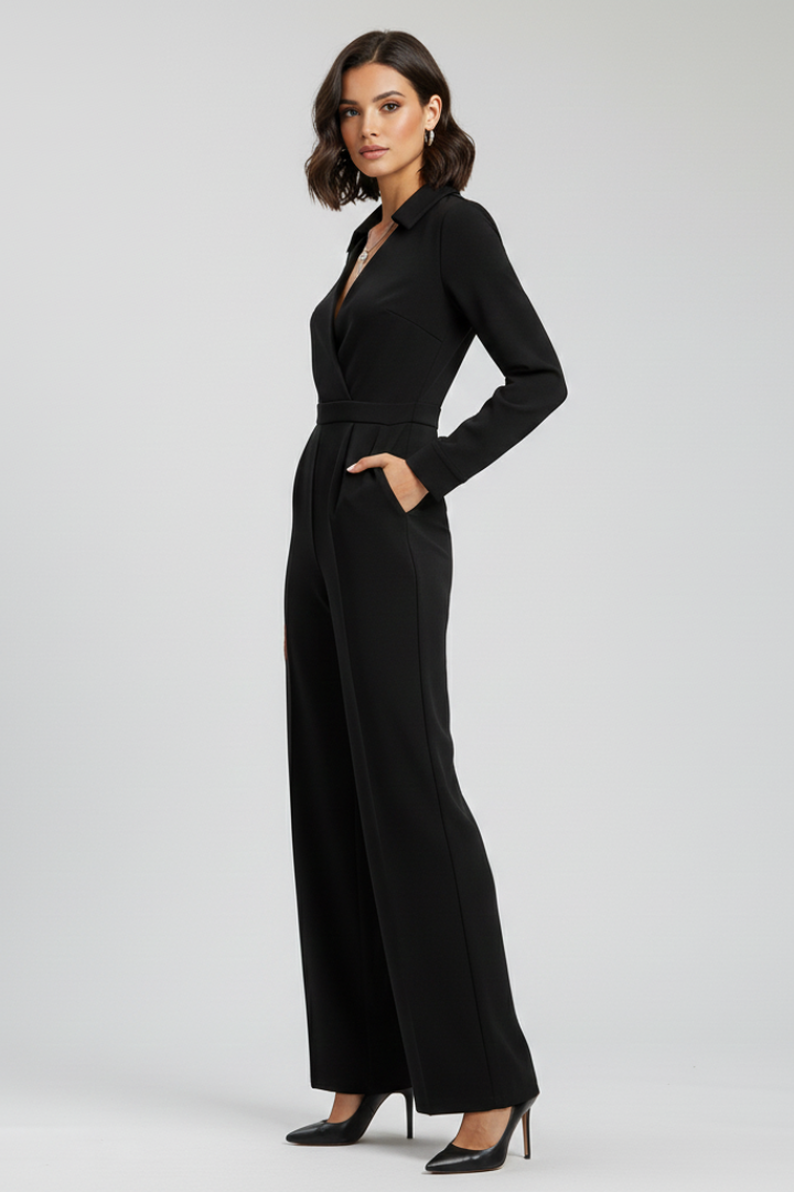 Wide Leg Jumpsuit with Shirt Collar and Wrap Front Bodice