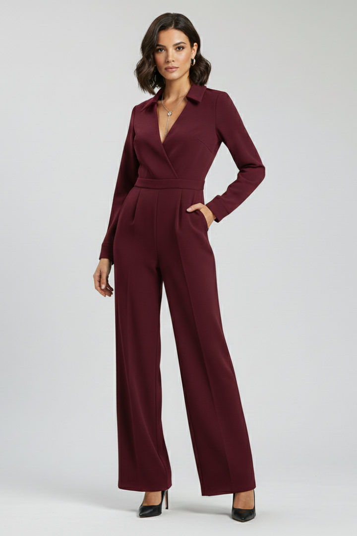 Wide Leg Jumpsuit with Shirt Collar and Wrap Front Bodice