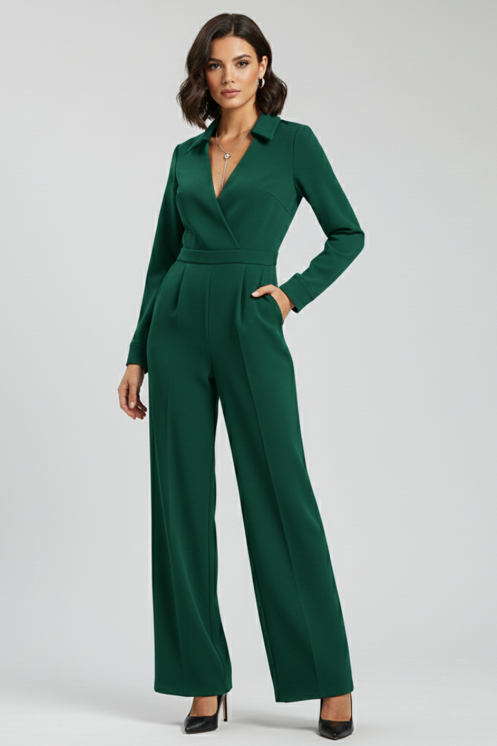 Wide Leg Jumpsuit with Shirt Collar and Wrap Front Bodice