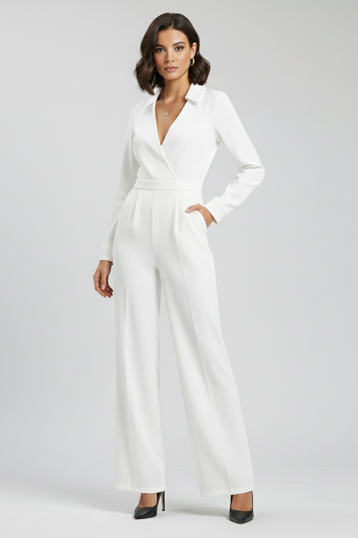 Wide Leg Jumpsuit with Shirt Collar and Wrap Front Bodice