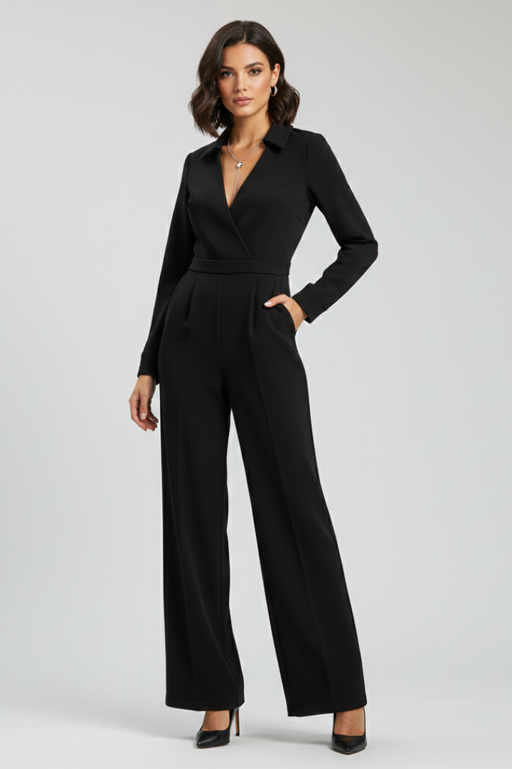 Wide Leg Jumpsuit with Shirt Collar and Wrap Front Bodice