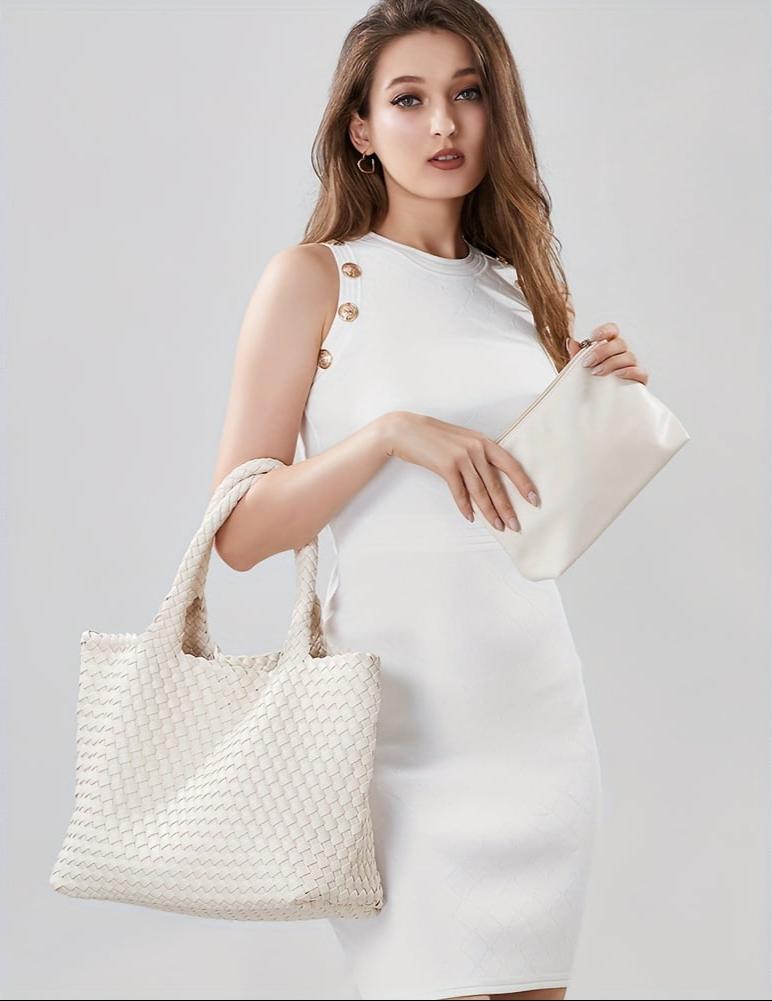 Woven Leather Tote Bag in Chunky Basket Weave
