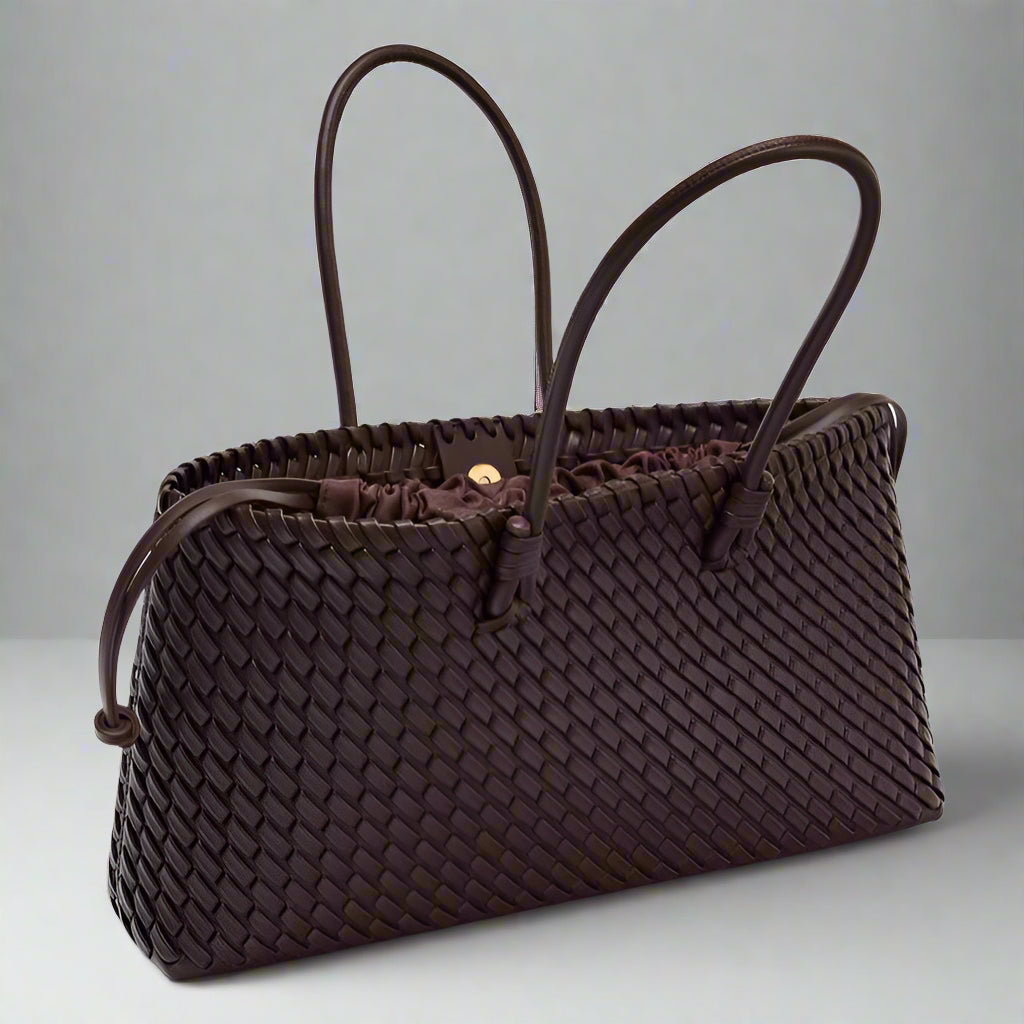 Woven Leather Tote Shoulder Bag with Double Handles