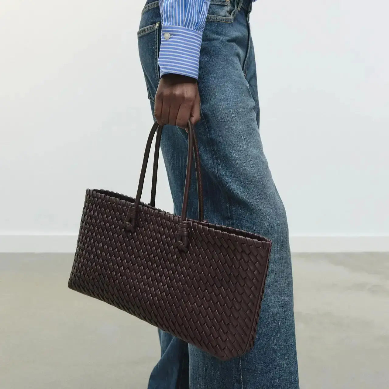 Woven Leather Tote Shoulder Bag with Double Handles