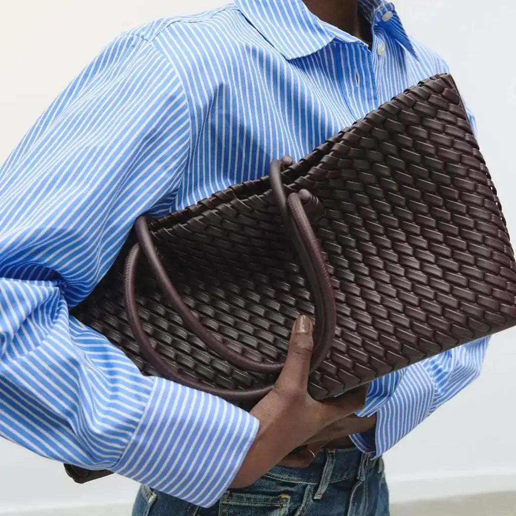 Woven Leather Tote Shoulder Bag with Double Handles