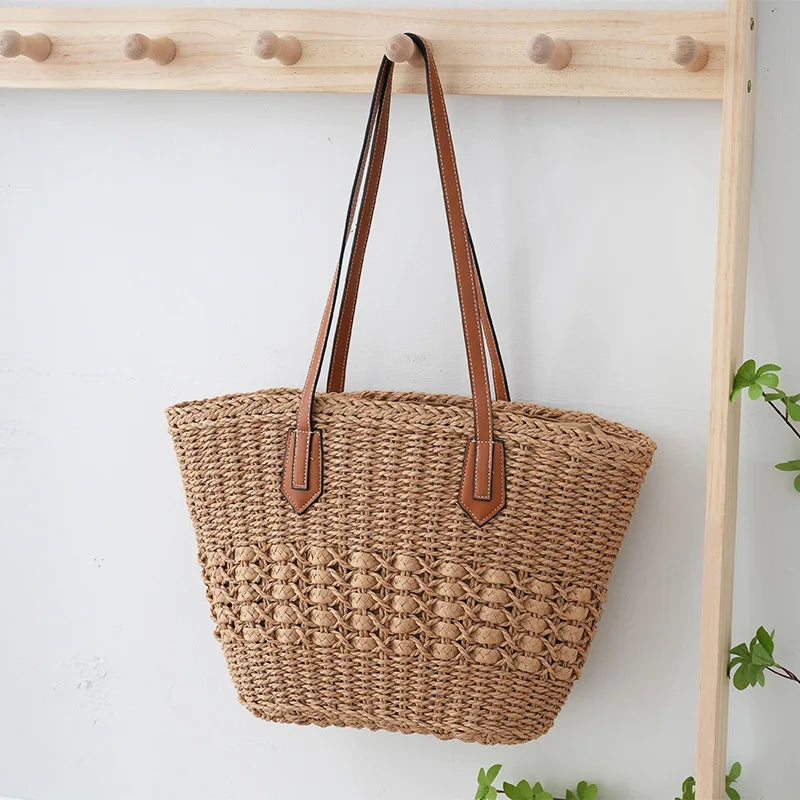 Woven Straw Beach Bag with Leather Handles