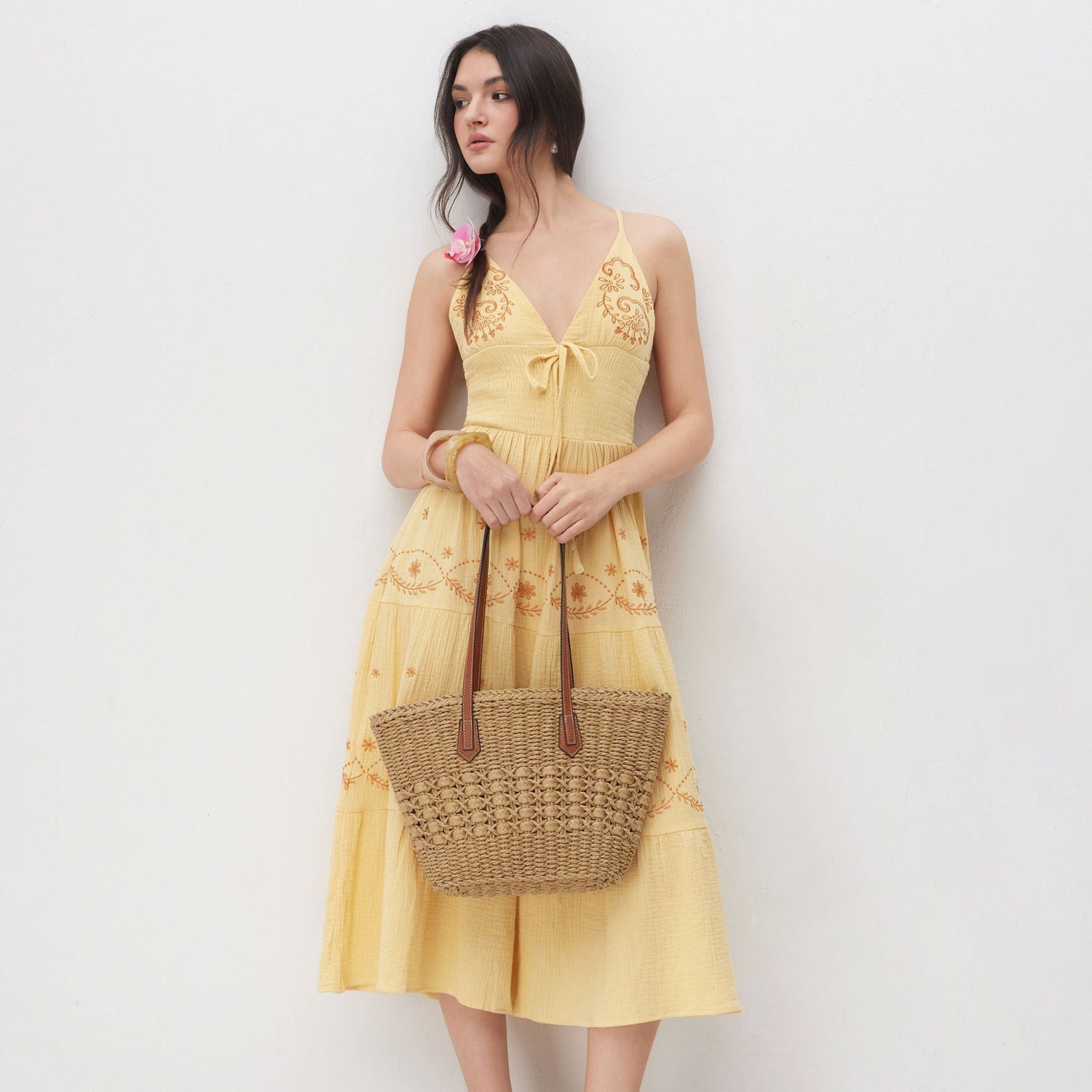 Woven Straw Beach Bag with Leather Handles