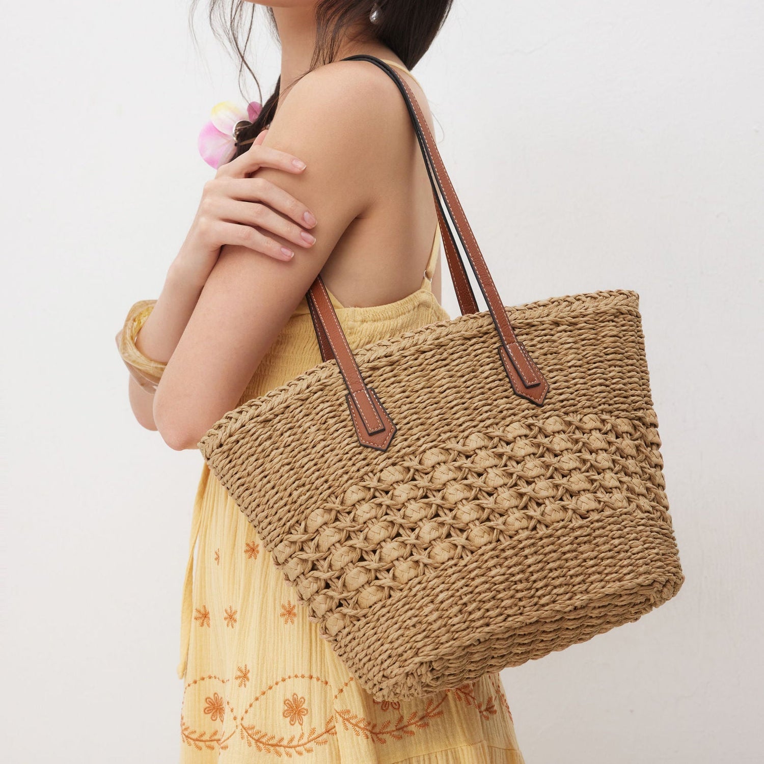 Woven Straw Beach Bag with Leather Handles