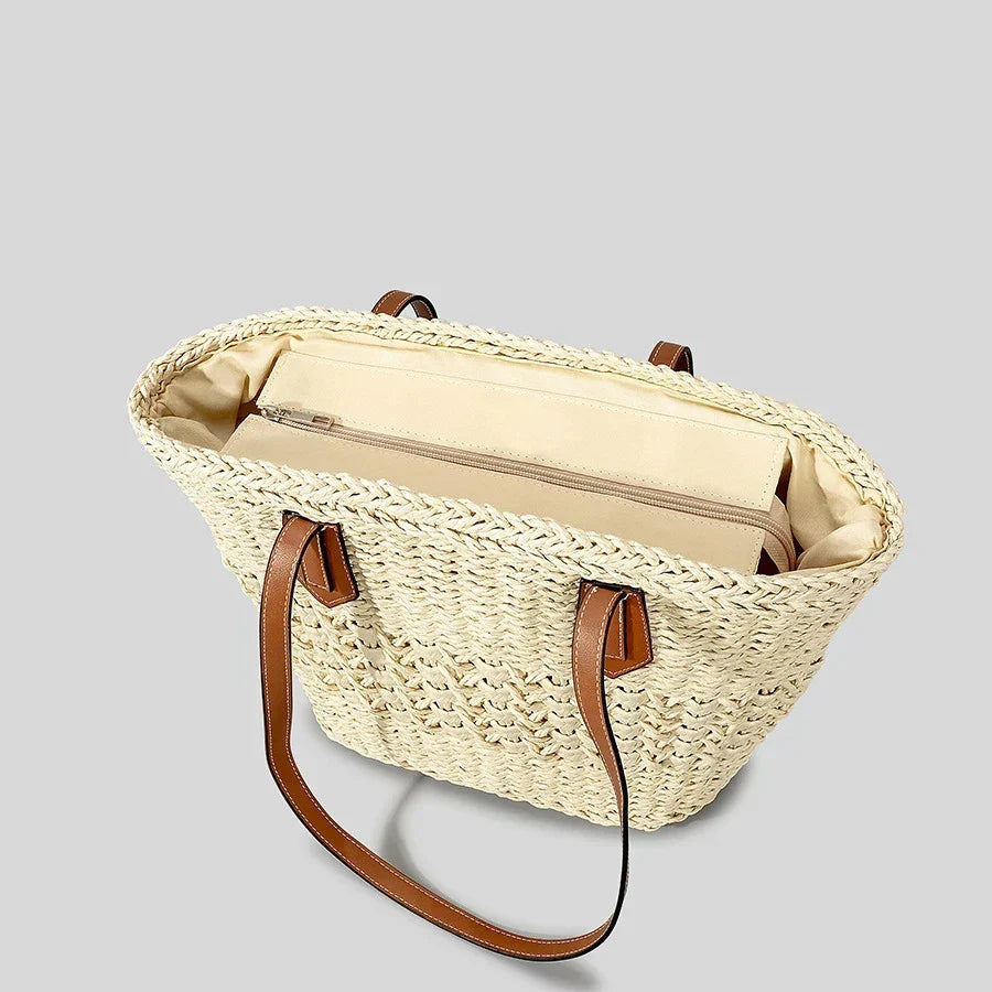 Woven Straw Beach Bag with Leather Handles