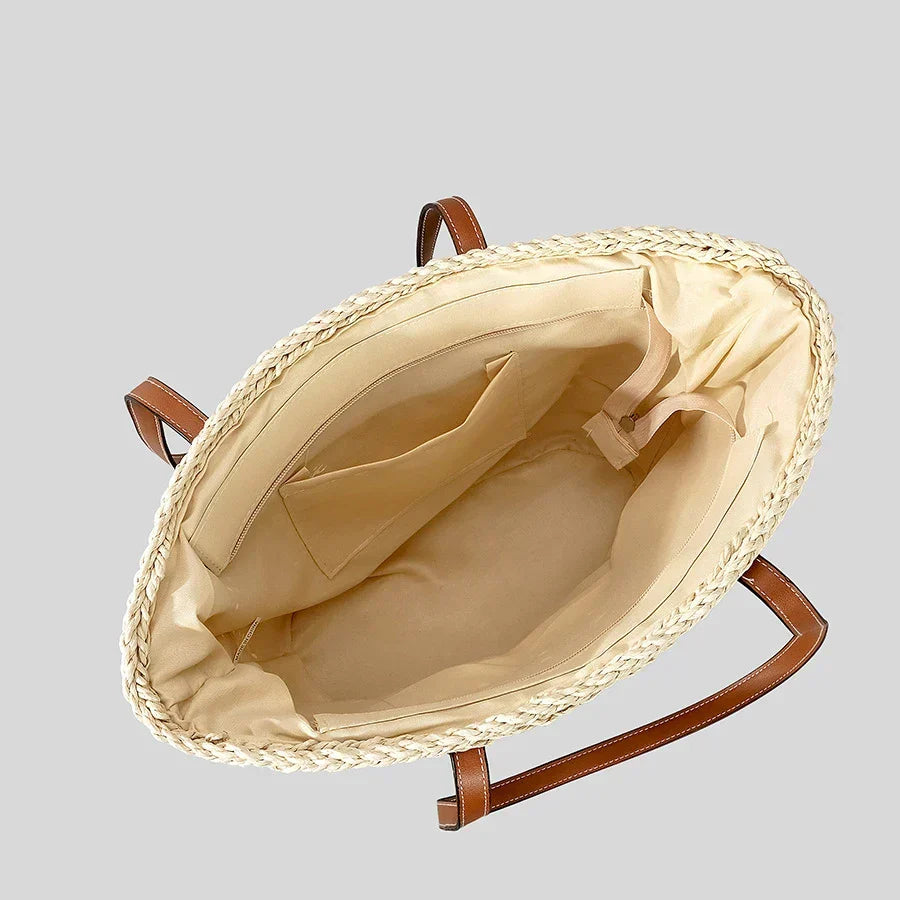 Woven Straw Beach Bag with Leather Handles