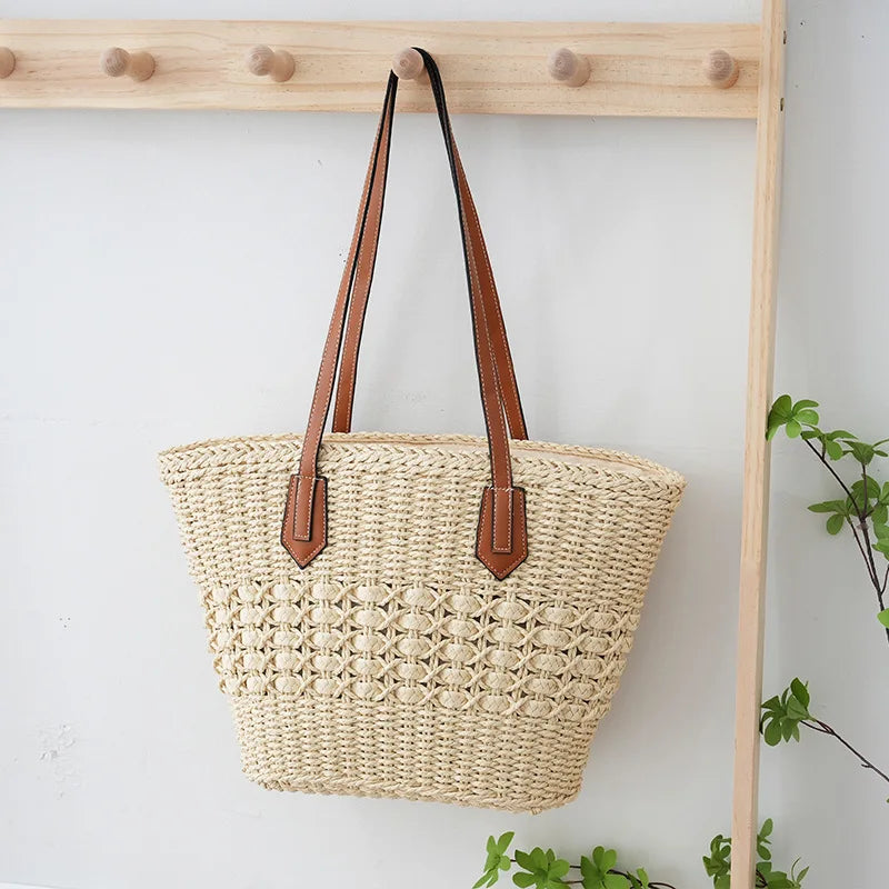 Woven Straw Beach Bag with Leather Handles