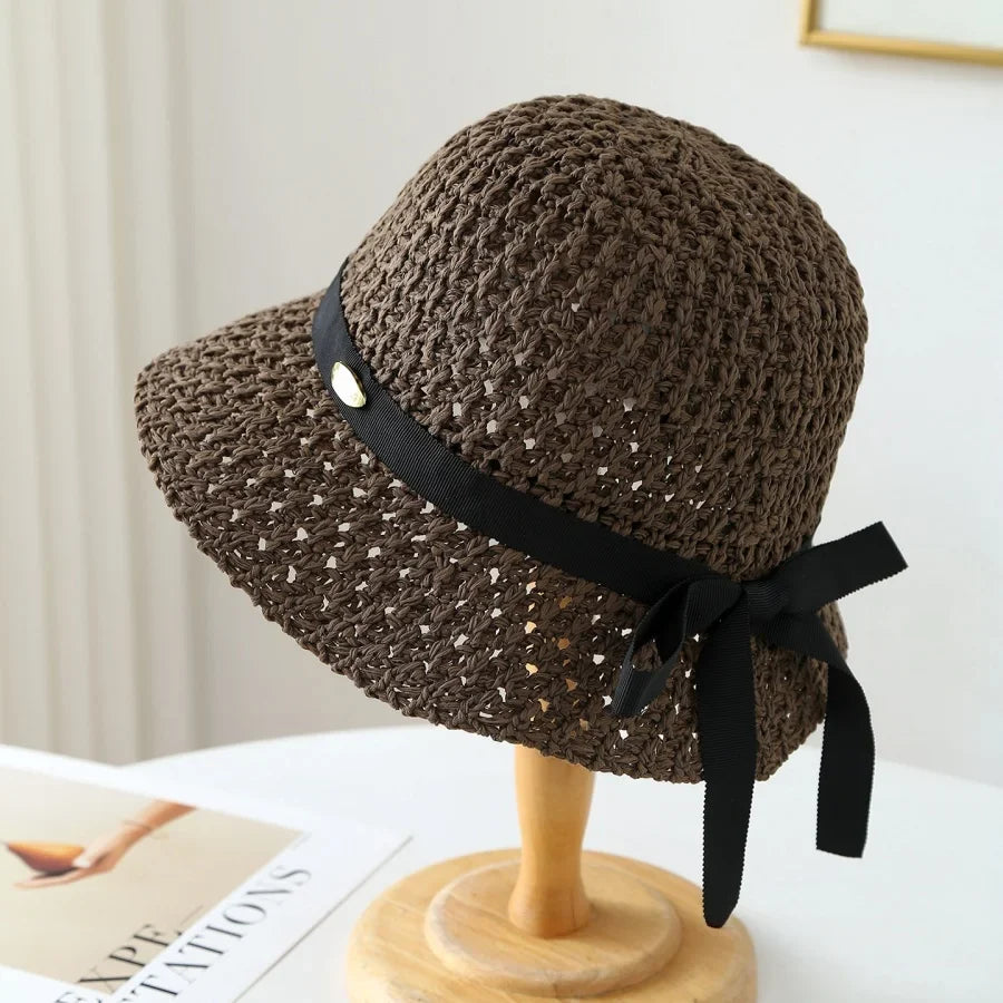 Woven Straw Sun Hat with Ribbon Bow Detail