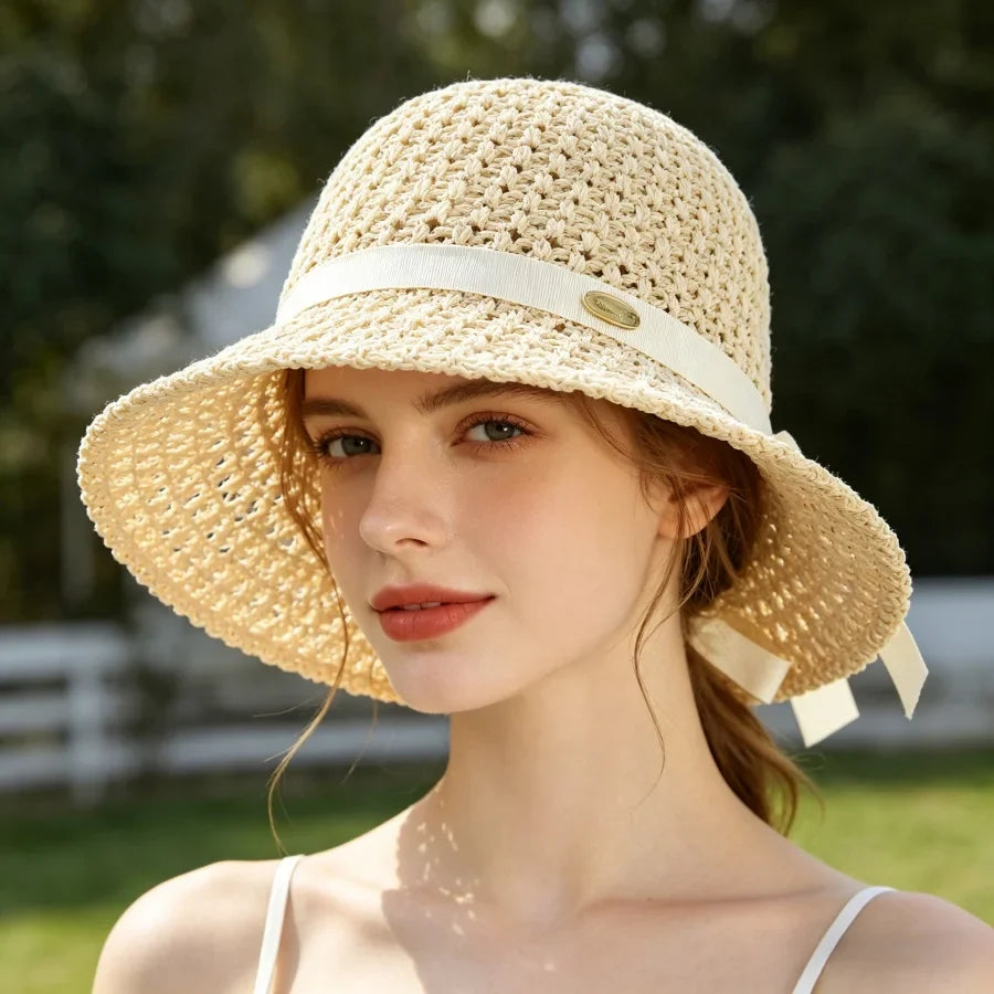 Woven Straw Sun Hat with Ribbon Bow Detail