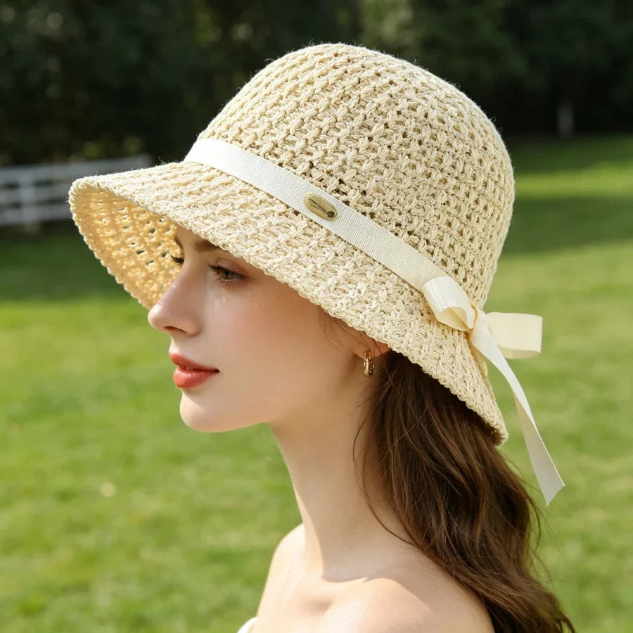 Woven Straw Sun Hat with Ribbon Bow Detail