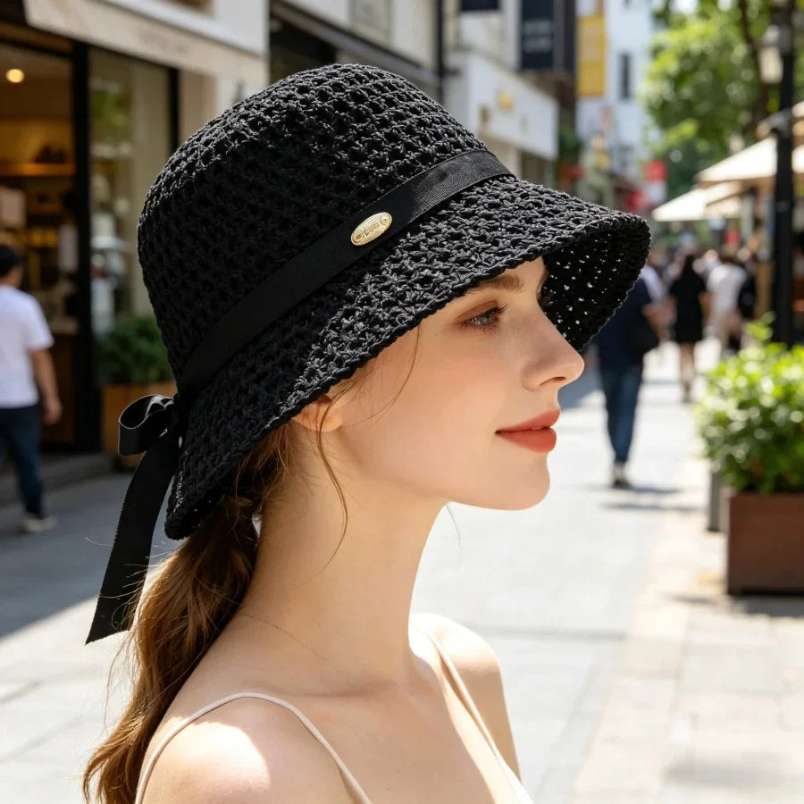 Woven Straw Sun Hat with Ribbon Bow Detail