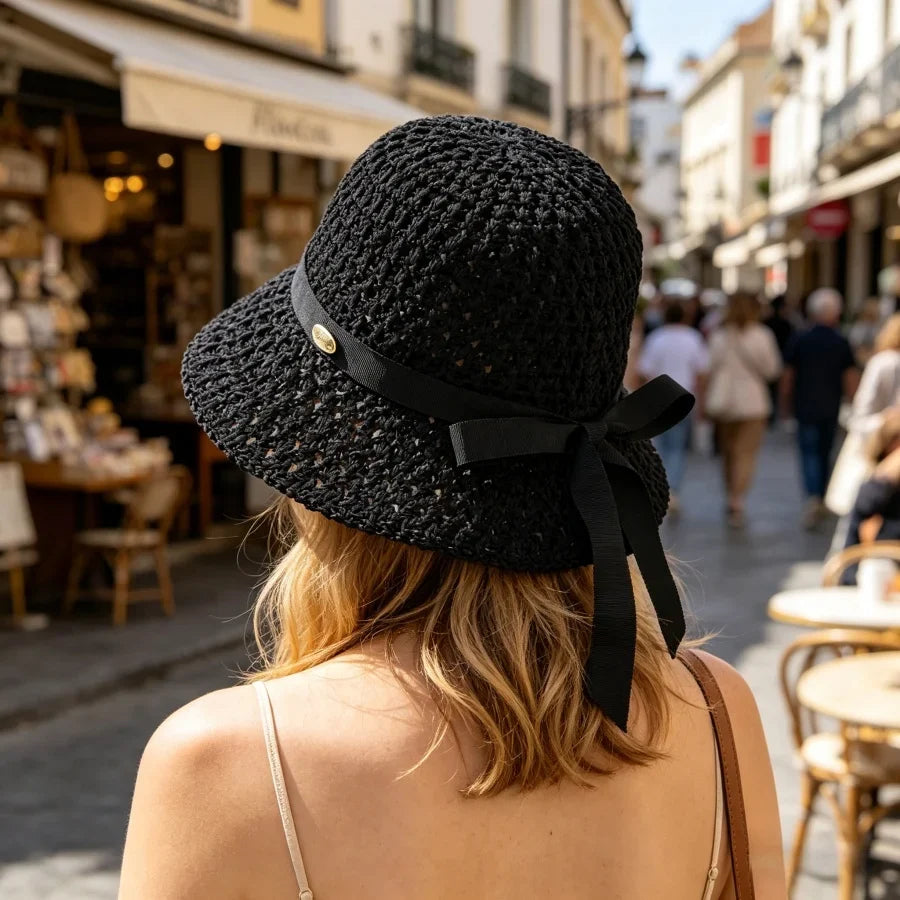 Woven Straw Sun Hat with Ribbon Bow Detail
