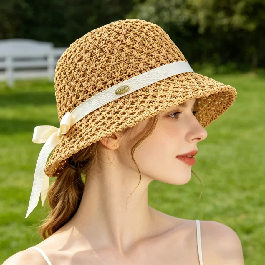 Woven Straw Sun Hat with Ribbon Bow Detail