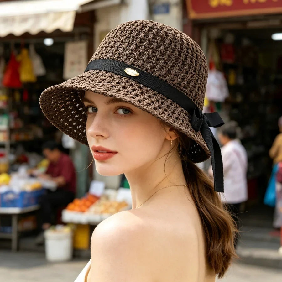 Woven Straw Sun Hat with Ribbon Bow Detail