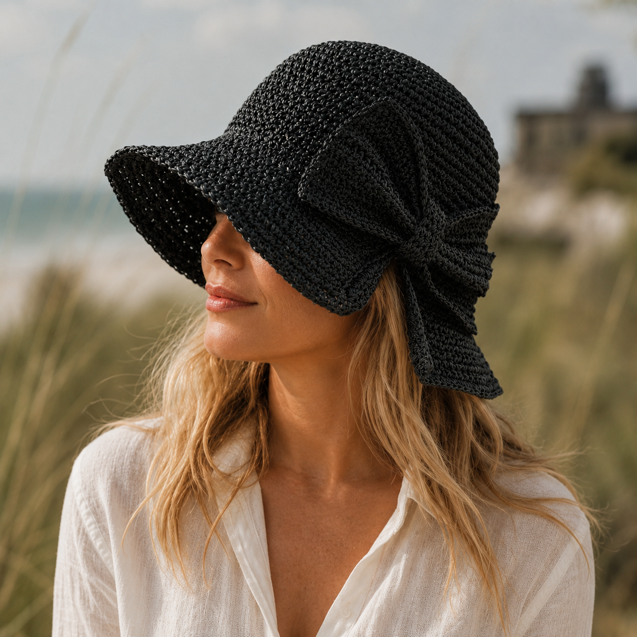 Woven Straw Sun Hat with Wide Brim and Bow Detail