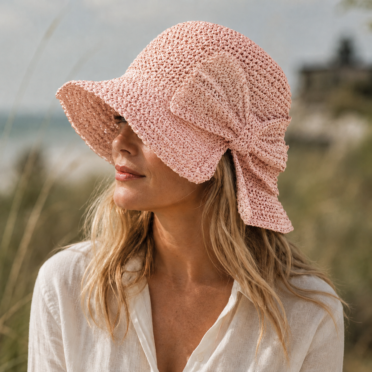 Woven Straw Sun Hat with Wide Brim and Bow Detail