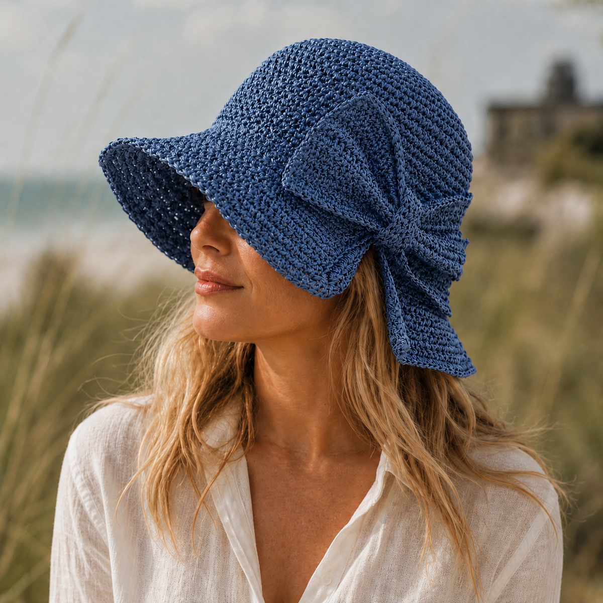 Woven Straw Sun Hat with Wide Brim and Bow Detail