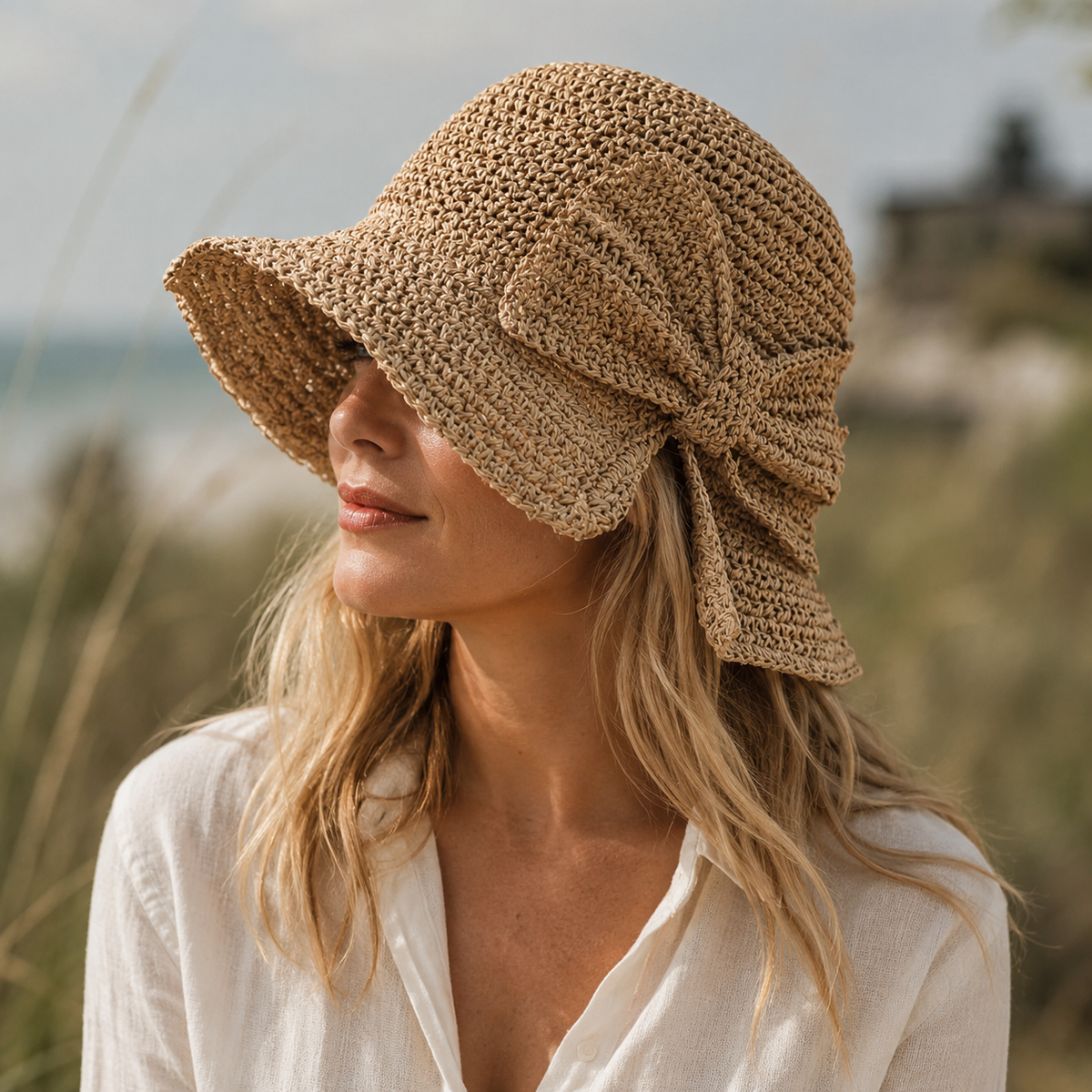 Woven Straw Sun Hat with Wide Brim and Bow Detail