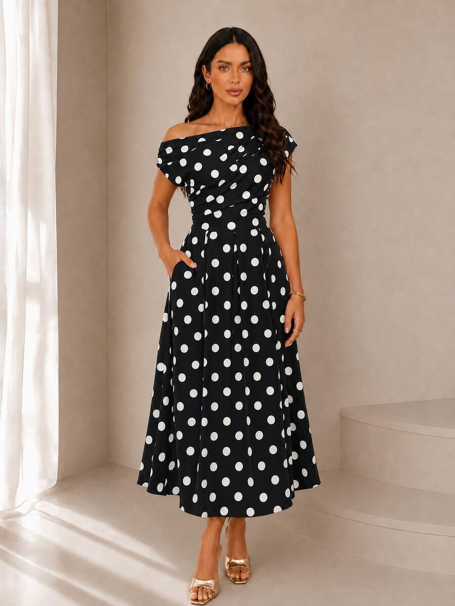 A-line Polka Dot Midi Wedding Guest Dress