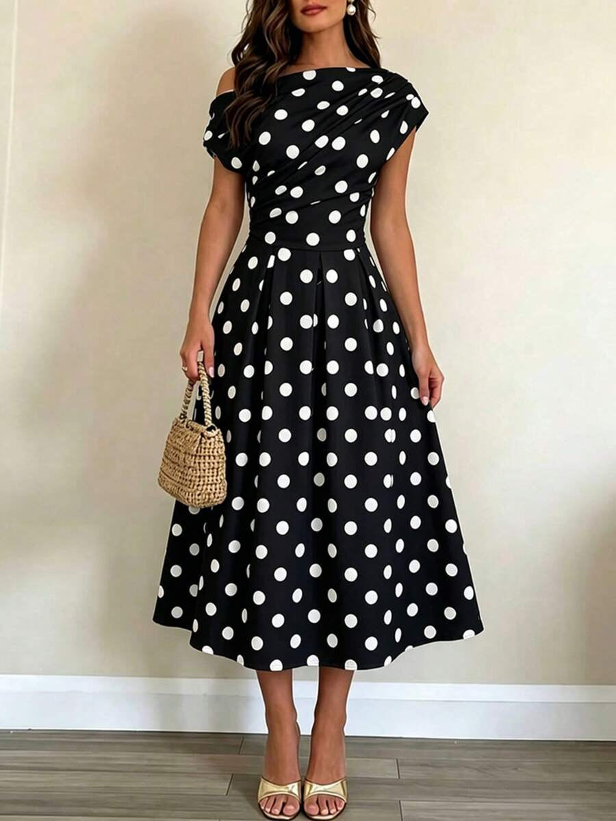 A-line Polka Dot Midi Wedding Guest Dress