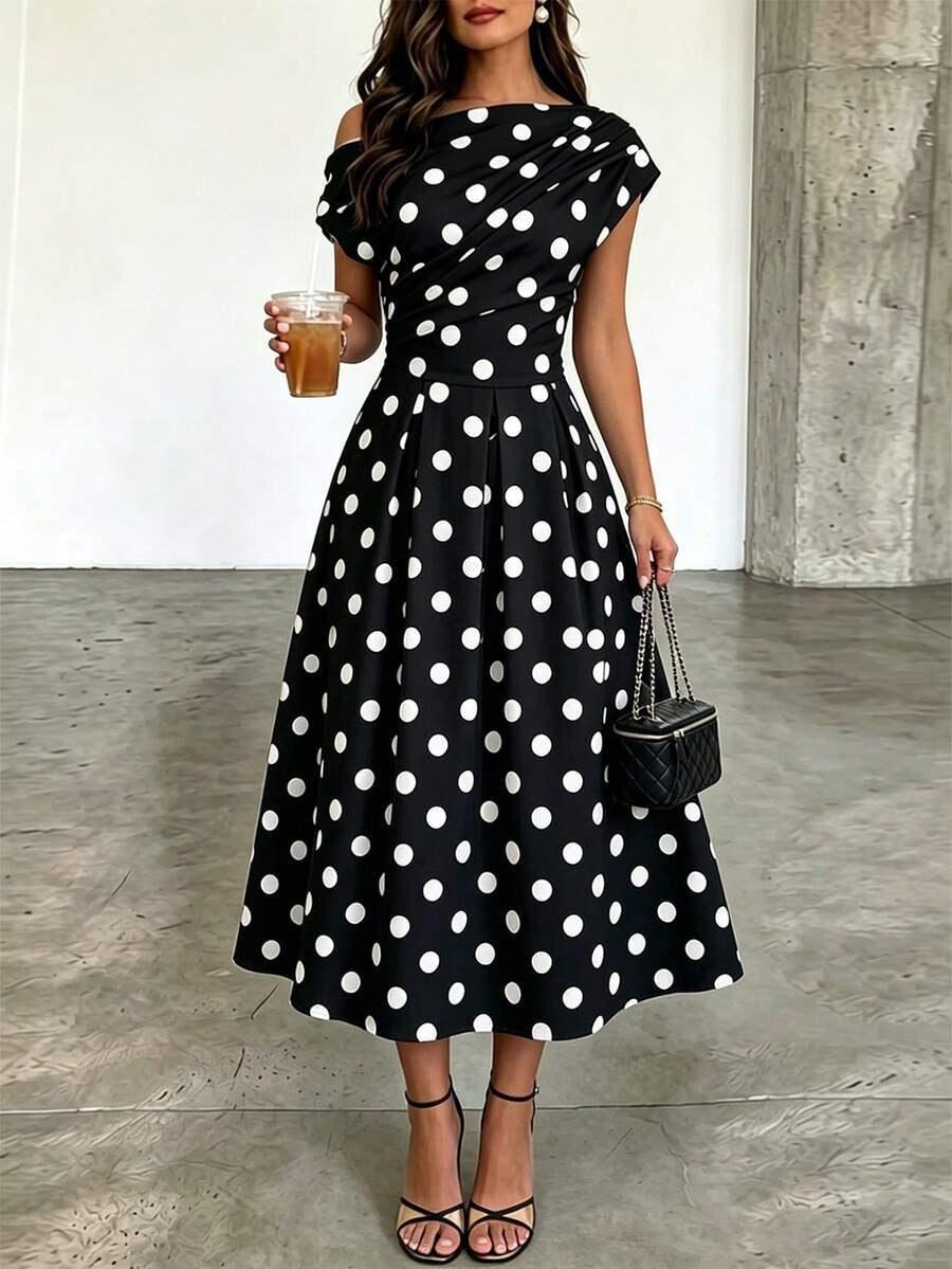 A-line Polka Dot Midi Wedding Guest Dress