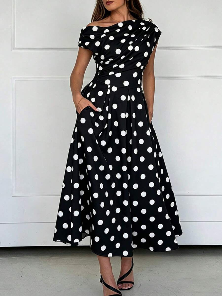 A-line Polka Dot Midi Wedding Guest Dress